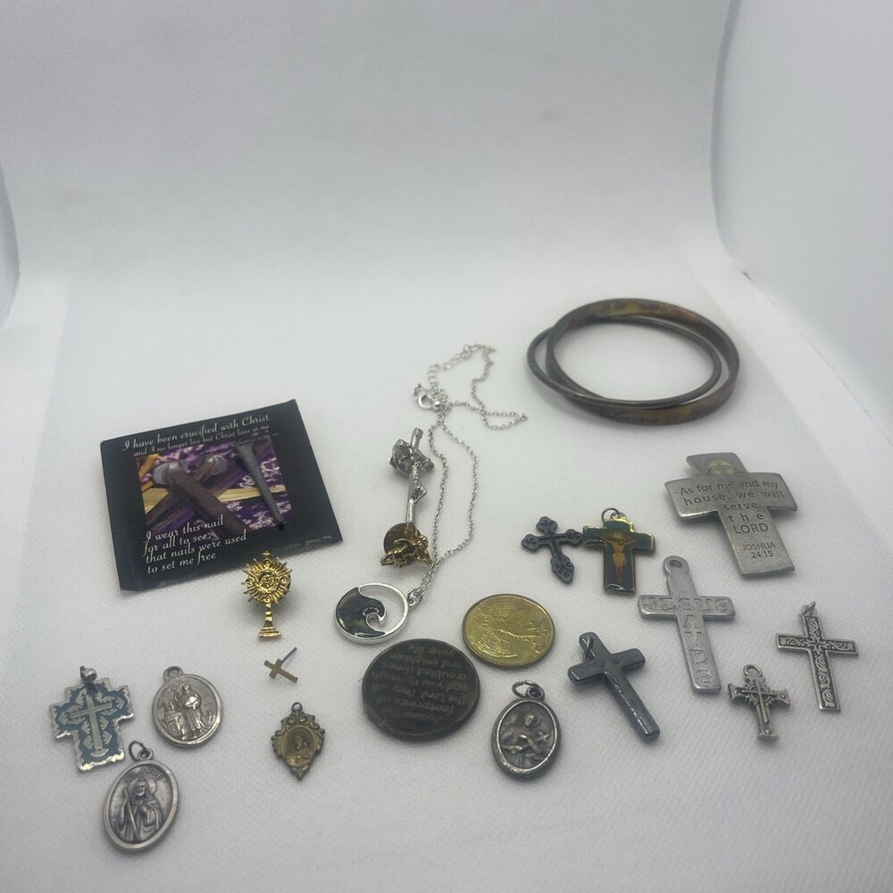Vintage Rosary, Crosses, Key Chain, Pins, Tokens, Bracelet Religious Lot